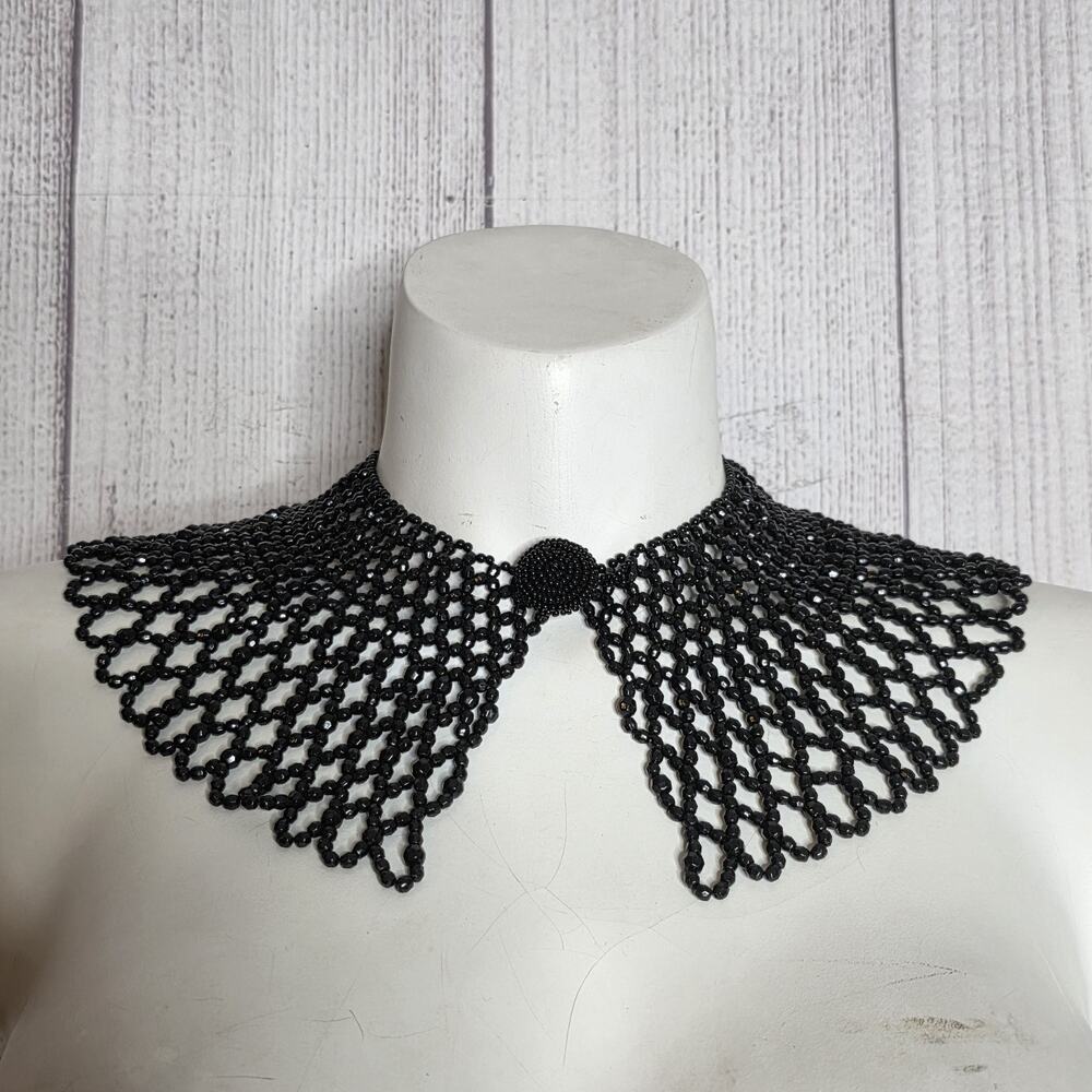 Black Beaded Collar Victorian Gothic Mourning Capelet Statement Necklace